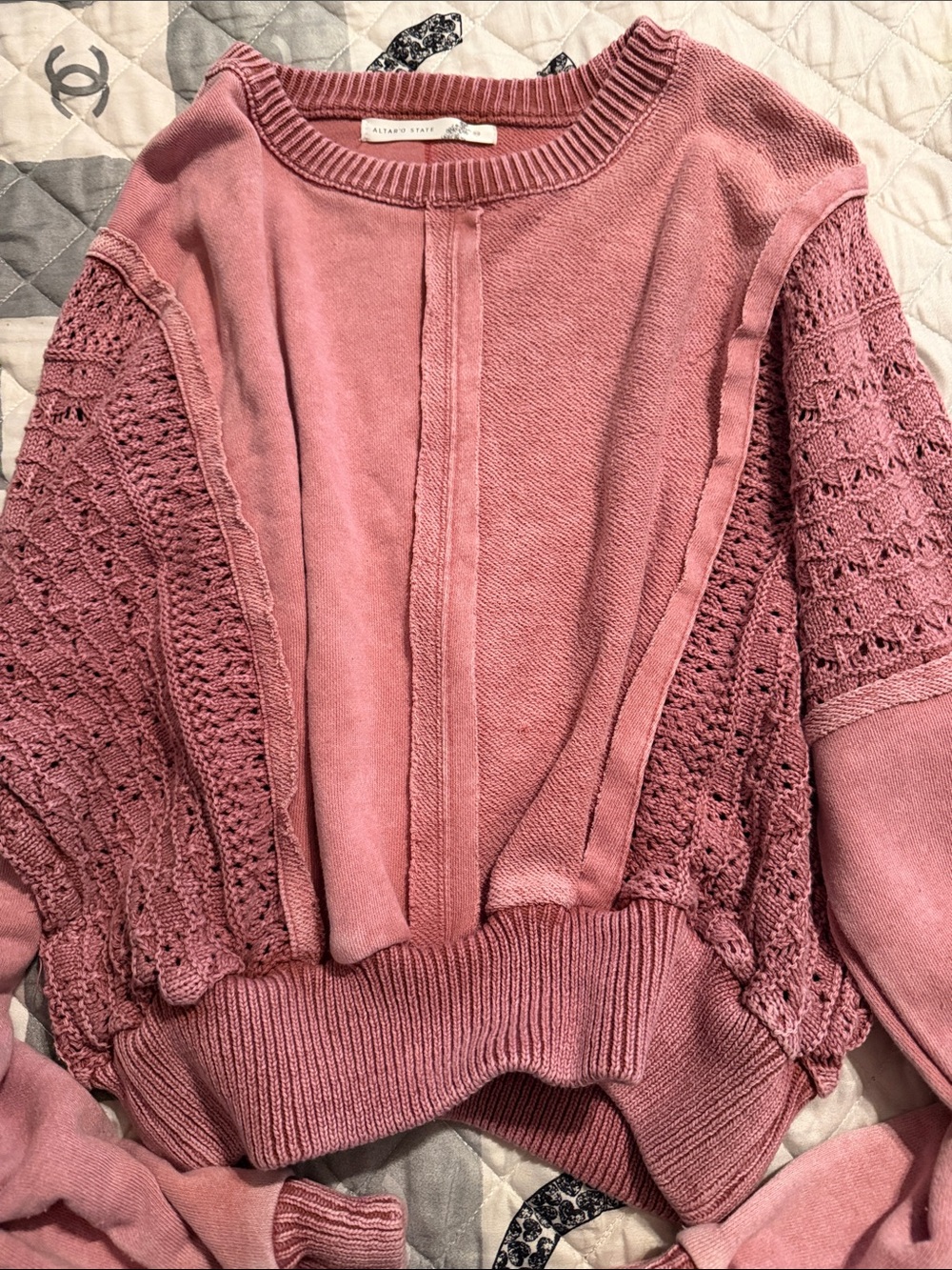 Altar’d State Brand Women's Dusty Rose Crochet-Sleeve Sweater